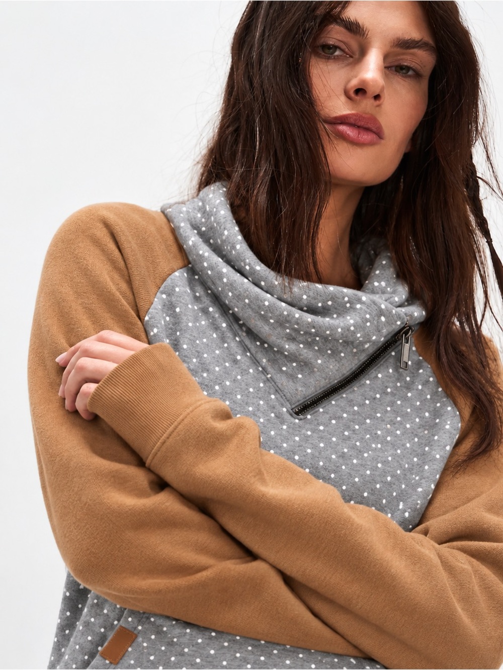 Maurices Textured Polka Dot Cowl Neck Sweatshirt Asym Zip Raglan Soft Pullover M